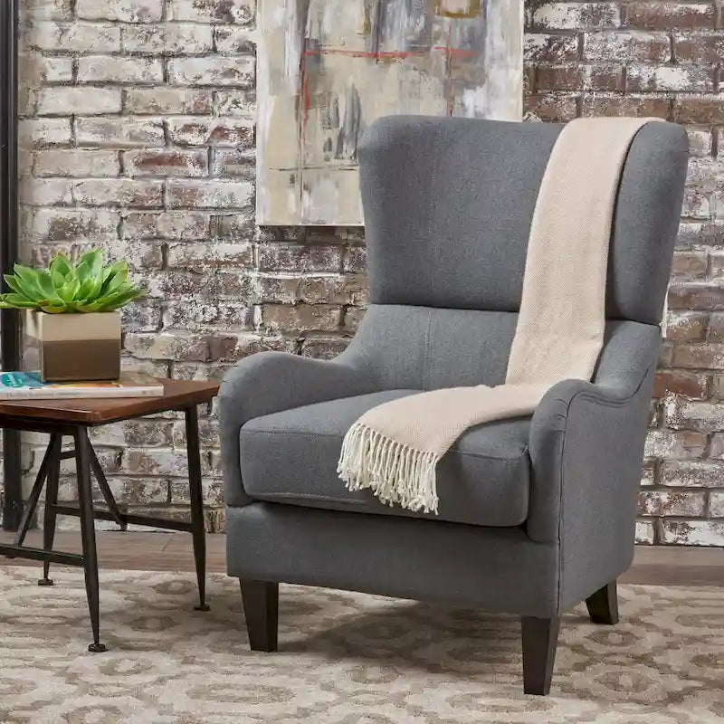Fauteuil d'appoint dossier haut Charcoal 27 avec dossier à oreilles et pieds en bouleau