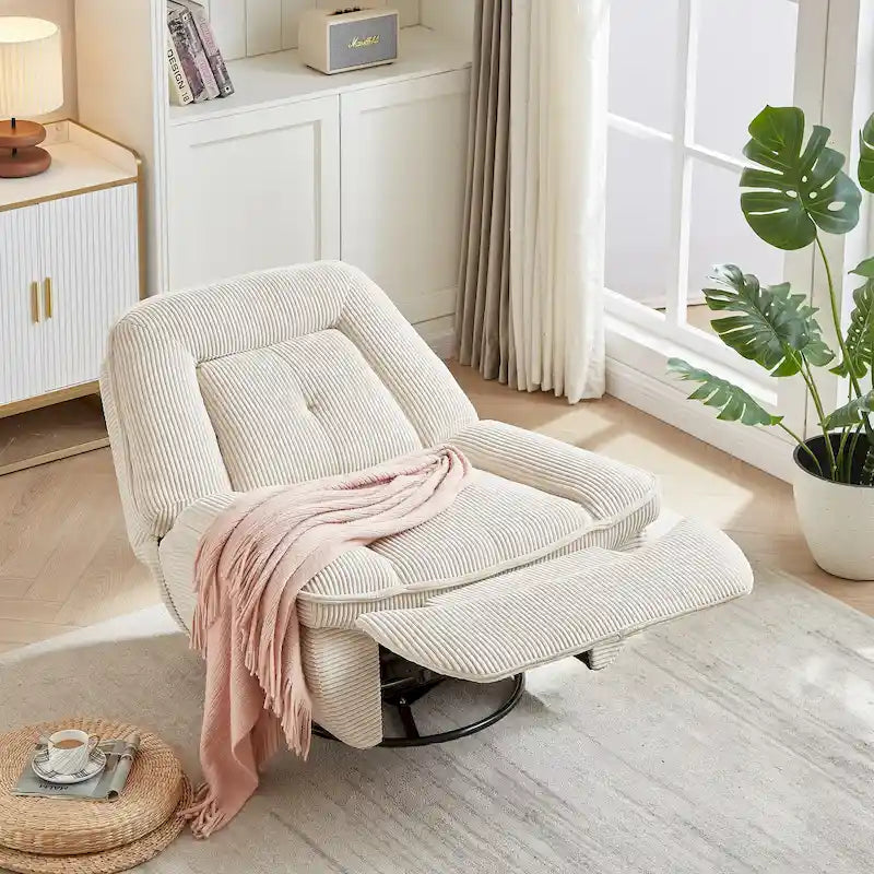 Fauteuil inclinable, pivotant et coulissant en velours côtelé beige/gris – Inclinaison manuelle, pivotement à 360°, une place
