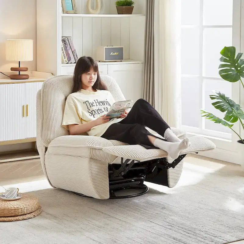 Fauteuil inclinable, pivotant et coulissant en velours côtelé beige/gris – Inclinaison manuelle, pivotement à 360°, une place
