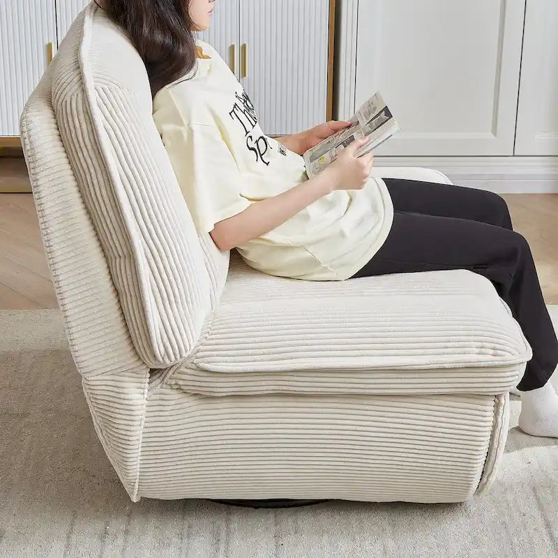 Fauteuil inclinable, pivotant et coulissant en velours côtelé beige/gris – Inclinaison manuelle, pivotement à 360°, une place