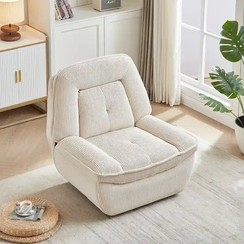 Fauteuil inclinable, pivotant et coulissant en velours côtelé beige/gris – Inclinaison manuelle, pivotement à 360°, une place