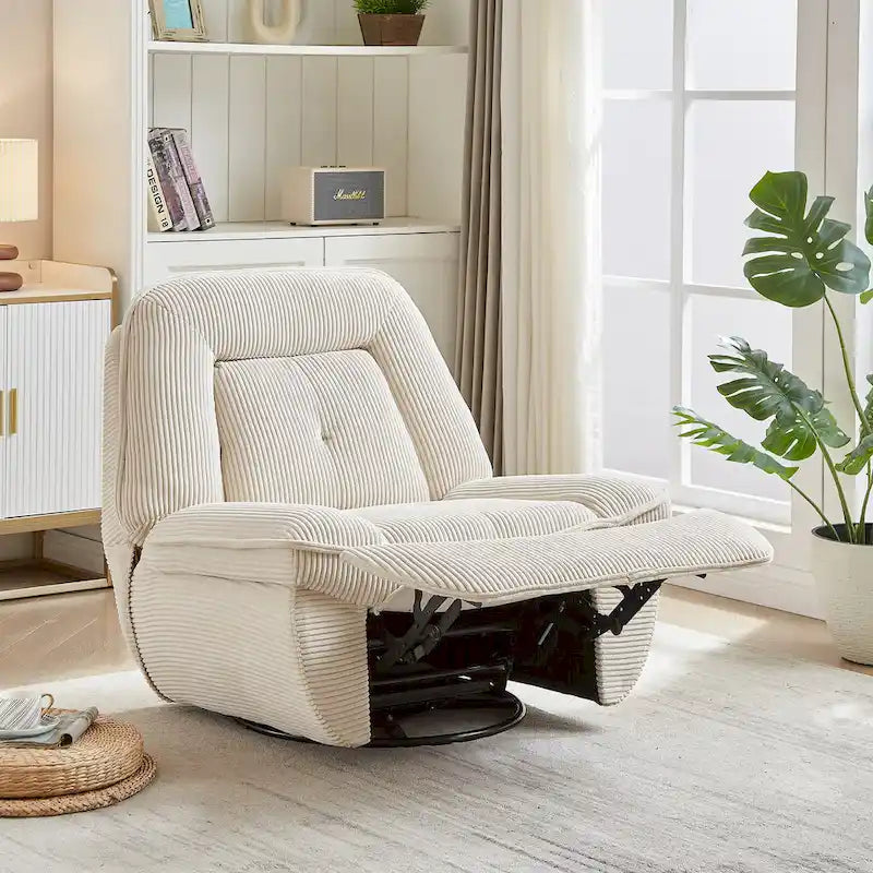 Fauteuil inclinable, pivotant et coulissant en velours côtelé beige/gris – Inclinaison manuelle, pivotement à 360°, une place