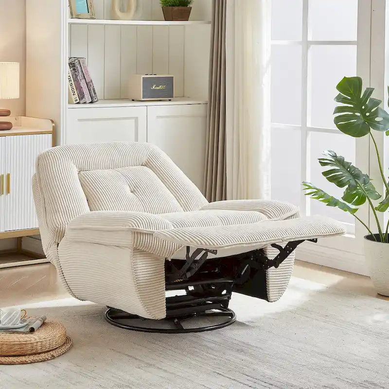 Fauteuil inclinable, pivotant et coulissant en velours côtelé beige/gris – Inclinaison manuelle, pivotement à 360°, une place