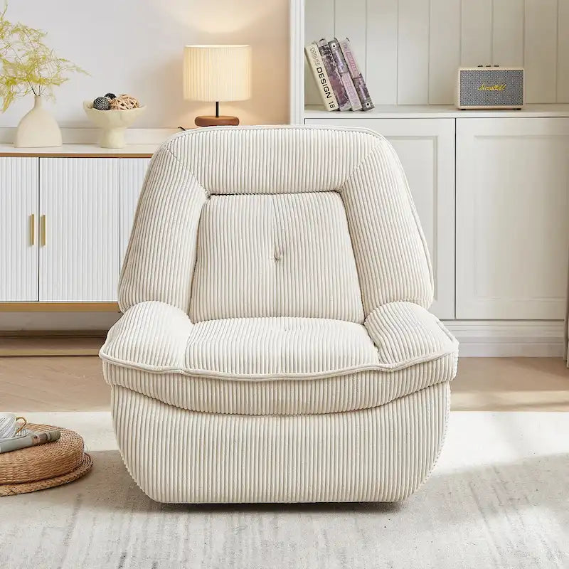 Fauteuil inclinable, pivotant et coulissant en velours côtelé beige/gris – Inclinaison manuelle, pivotement à 360°, une place