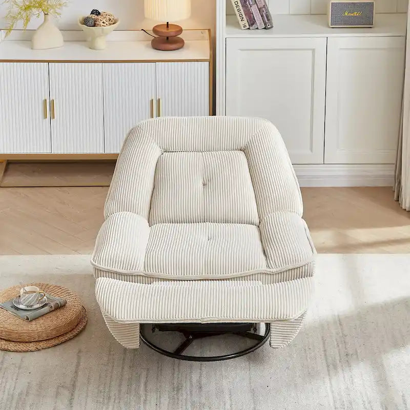 Fauteuil inclinable, pivotant et coulissant en velours côtelé beige/gris – Inclinaison manuelle, pivotement à 360°, une place