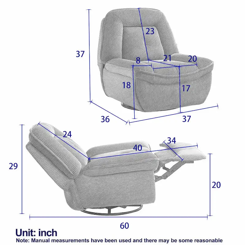 Fauteuil inclinable, pivotant et coulissant en velours côtelé beige/gris – Inclinaison manuelle, pivotement à 360°, une place