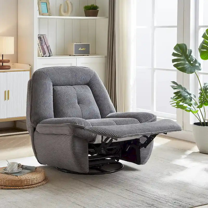 Fauteuil inclinable, pivotant et coulissant en velours côtelé beige/gris – Inclinaison manuelle, pivotement à 360°, une place