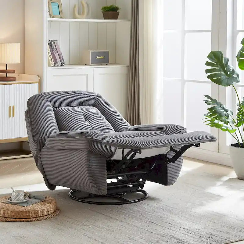 Fauteuil inclinable, pivotant et coulissant en velours côtelé beige/gris – Inclinaison manuelle, pivotement à 360°, une place