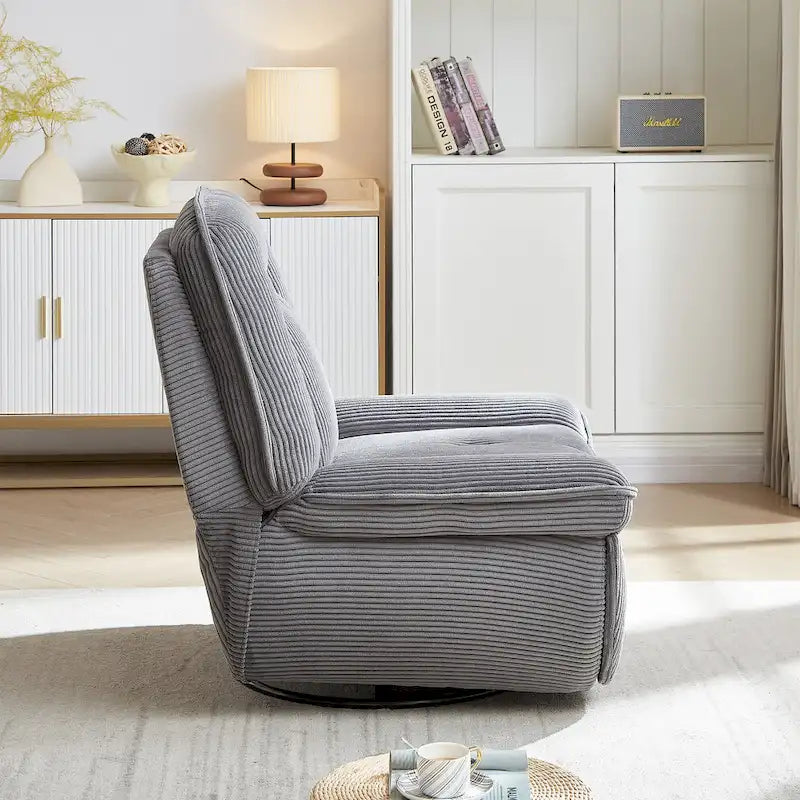 Fauteuil inclinable, pivotant et coulissant en velours côtelé beige/gris – Inclinaison manuelle, pivotement à 360°, une place