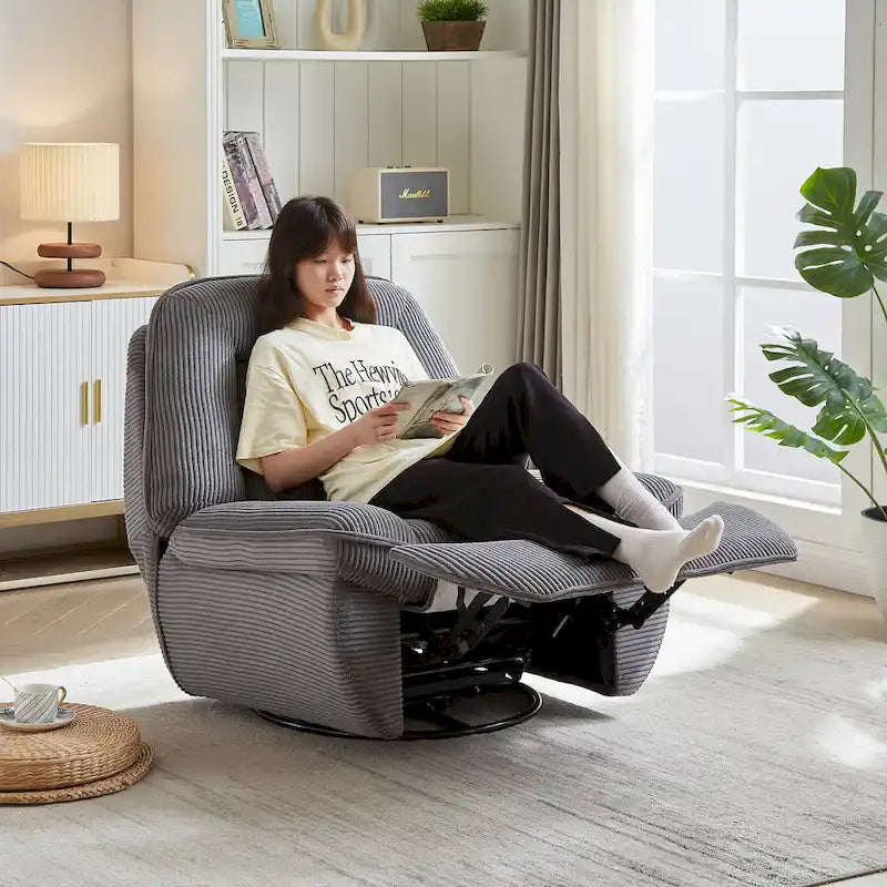 Fauteuil inclinable, pivotant et coulissant en velours côtelé beige/gris – Inclinaison manuelle, pivotement à 360°, une place