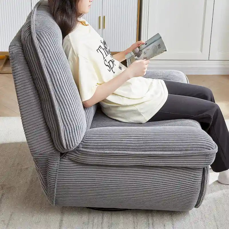 Fauteuil inclinable, pivotant et coulissant en velours côtelé beige/gris – Inclinaison manuelle, pivotement à 360°, une place