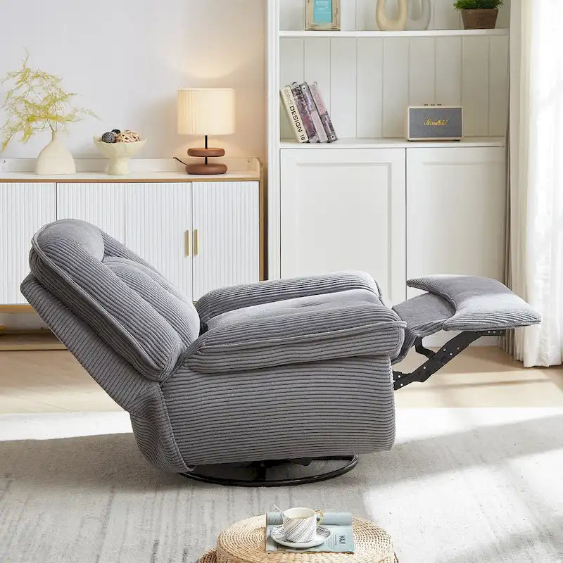 Fauteuil inclinable, pivotant et coulissant en velours côtelé beige/gris – Inclinaison manuelle, pivotement à 360°, une place