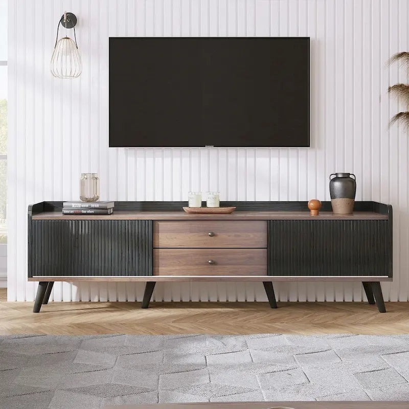 63 Inch Mid Century Modern TV Cabinet Dark Brown Black