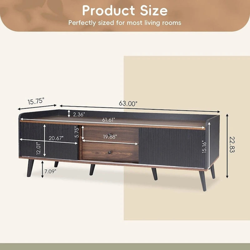 Meuble TV 160 cm, café foncé et noir, style Mid-Century, compatible avec les téléviseurs jusqu'à 70"