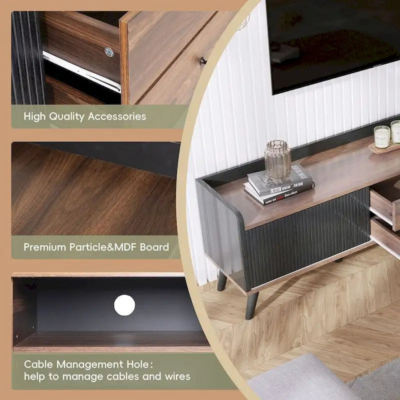 Meuble TV 160 cm, café foncé et noir, style Mid-Century, compatible avec les téléviseurs jusqu'à 70"