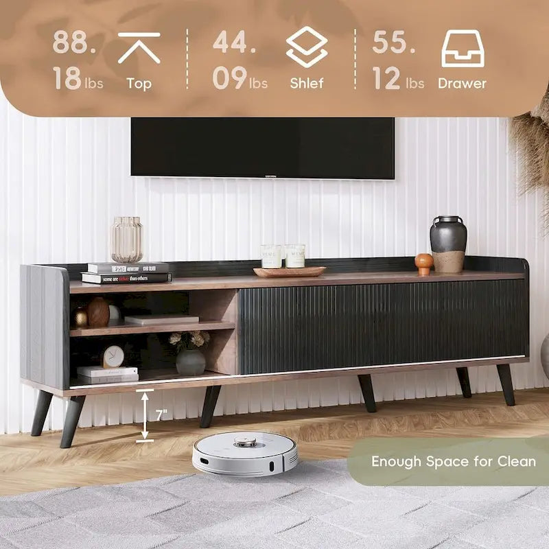 Meuble TV 160 cm, café foncé et noir, style Mid-Century, compatible avec les téléviseurs jusqu'à 70"