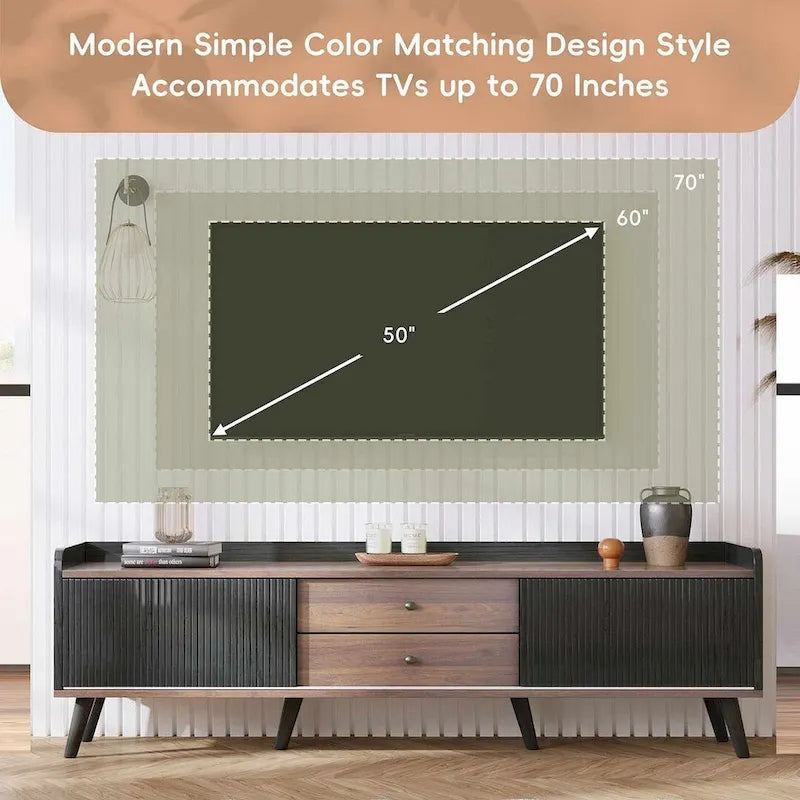 Meuble TV 160 cm, café foncé et noir, style Mid-Century, compatible avec les téléviseurs jusqu'à 70"