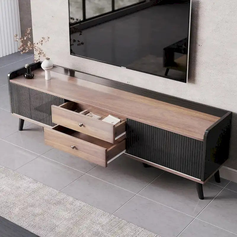 Meuble TV 160 cm, café foncé et noir, style Mid-Century, compatible avec les téléviseurs jusqu'à 70"