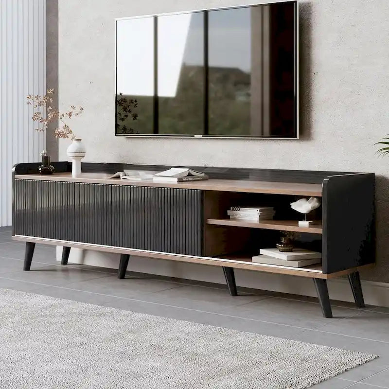 Meuble TV 160 cm, café foncé et noir, style Mid-Century, compatible avec les téléviseurs jusqu'à 70"