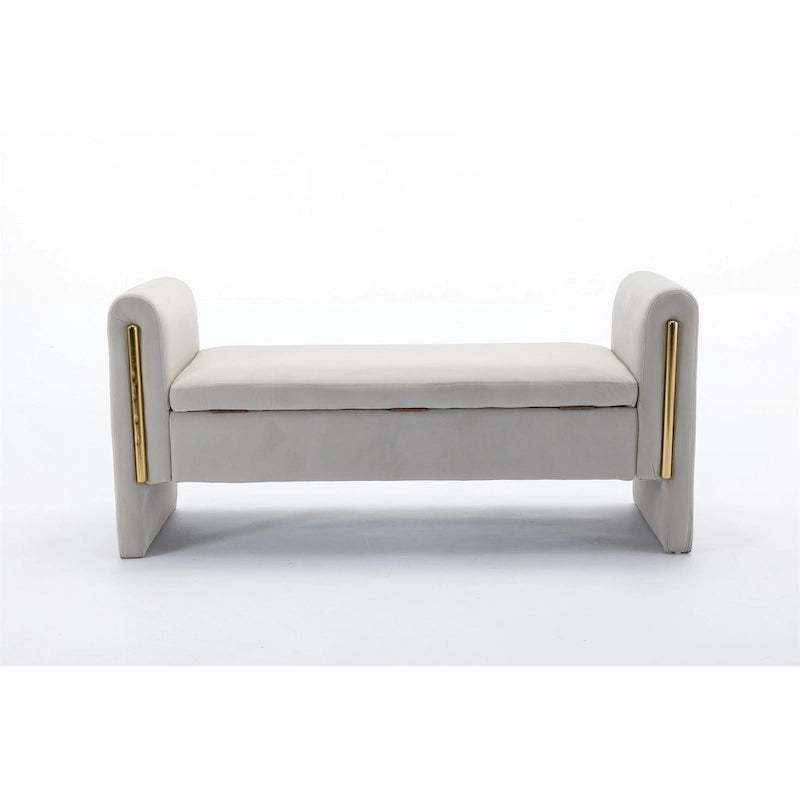 Banc de rangement en velours gris clair/ivoire avec accoudoir, style moderne, une place