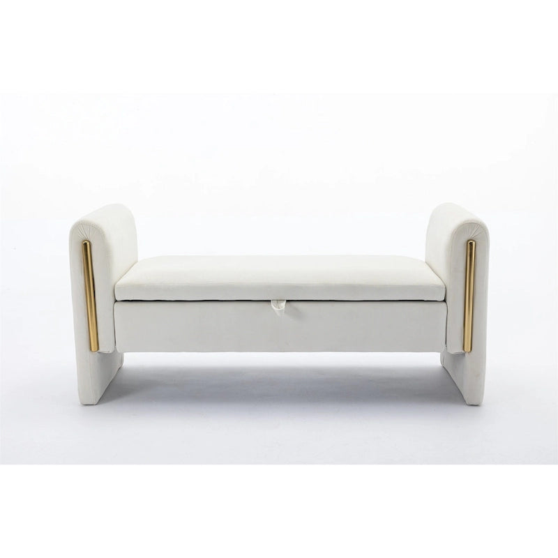 Banc de rangement en velours gris clair/ivoire avec accoudoir, style moderne, une place