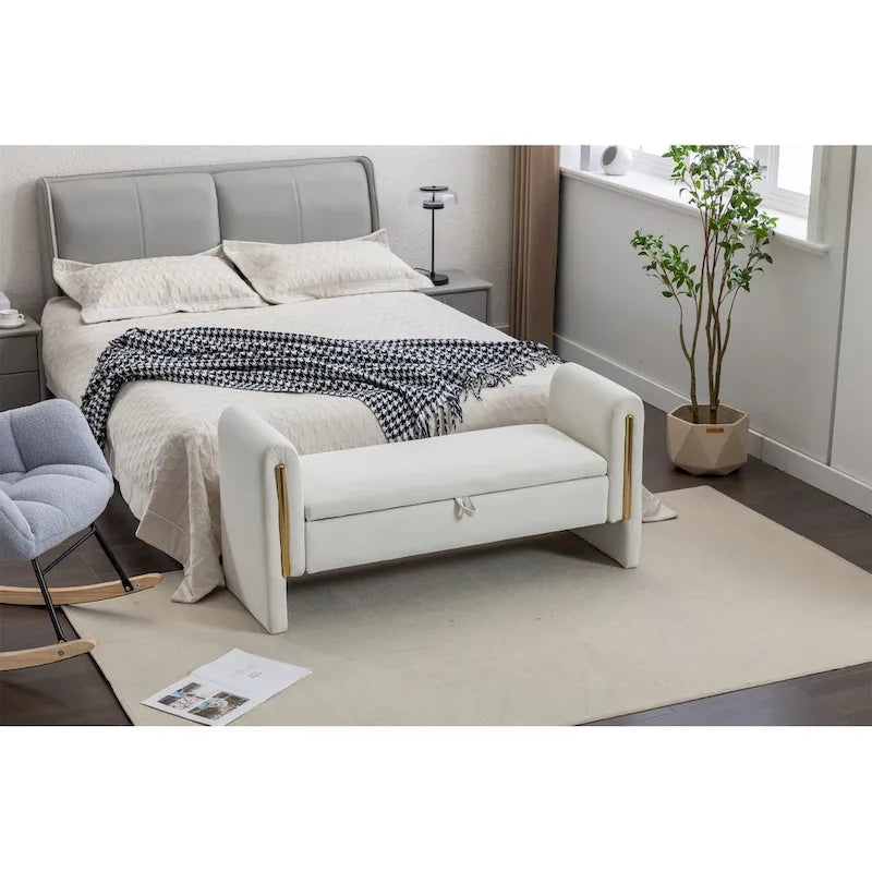 Banc de rangement en velours gris clair/ivoire avec accoudoir, style moderne, une place