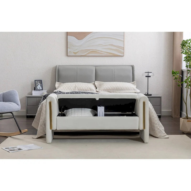 Banc de rangement en velours gris clair/ivoire avec accoudoir, style moderne, une place