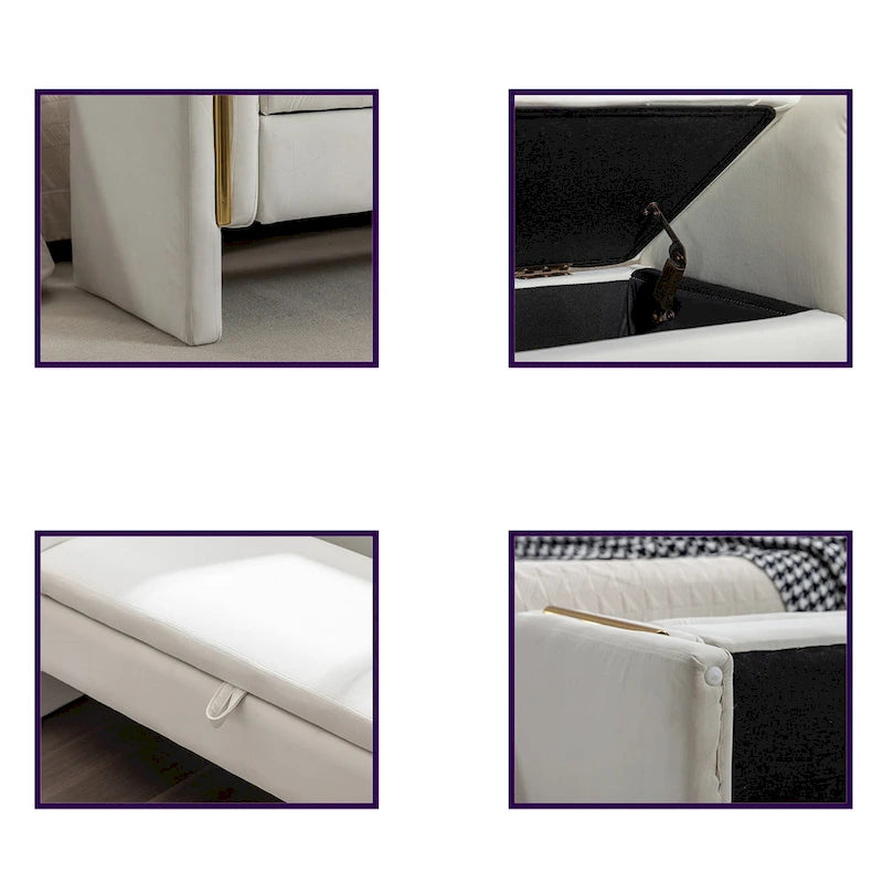 Banc de rangement en velours gris clair/ivoire avec accoudoir, style moderne, une place