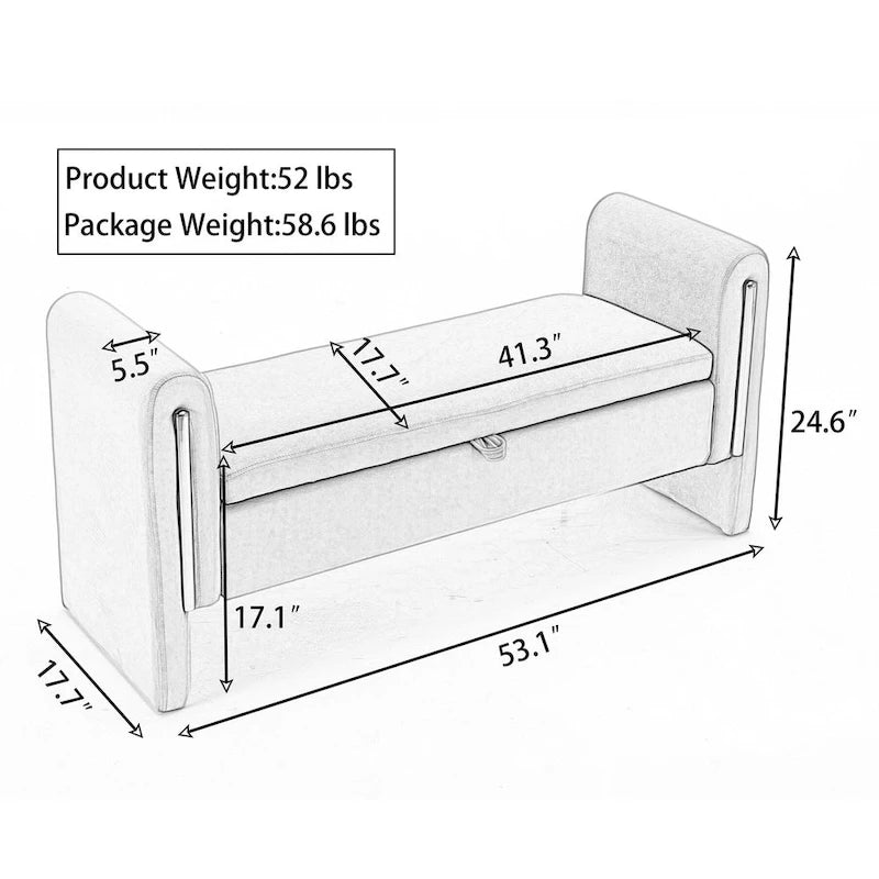 Banc de rangement en velours gris clair/ivoire avec accoudoir, style moderne, une place