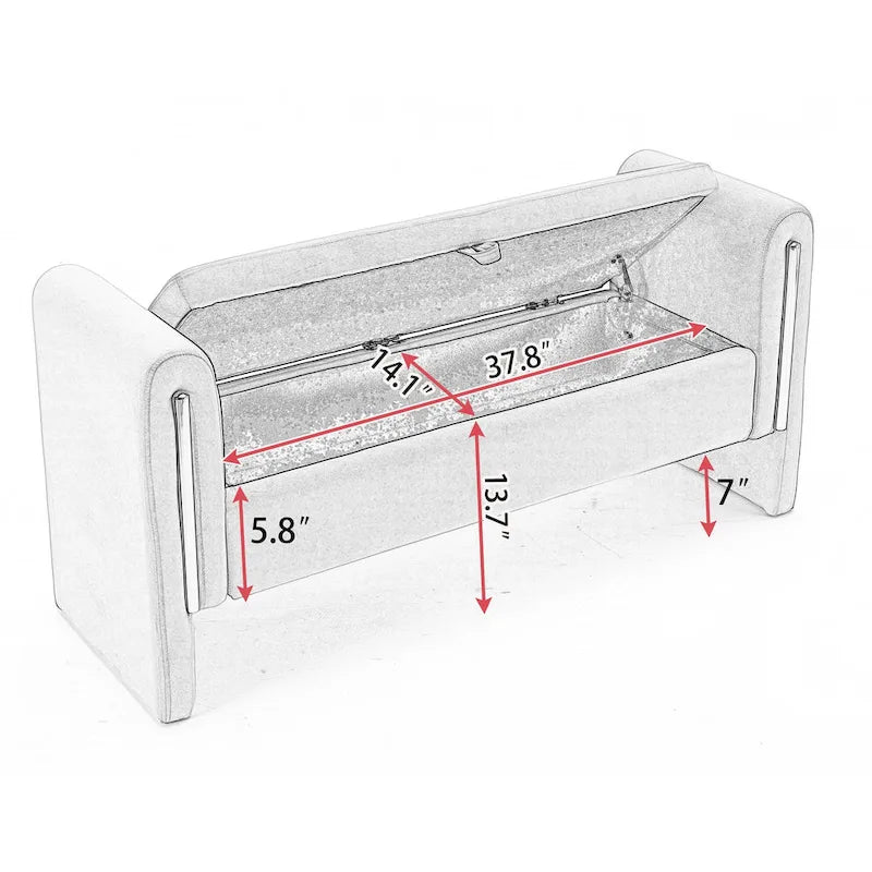 Banc de rangement en velours gris clair/ivoire avec accoudoir, style moderne, une place