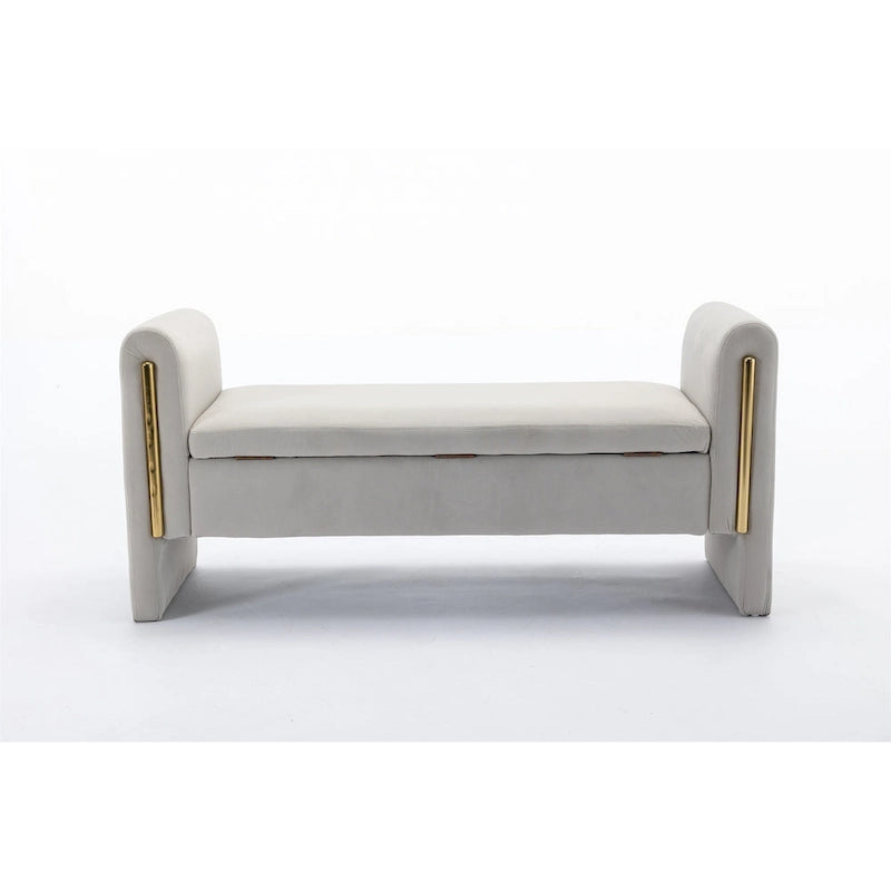 Banc de rangement en velours gris clair/ivoire avec accoudoir, style moderne, une place