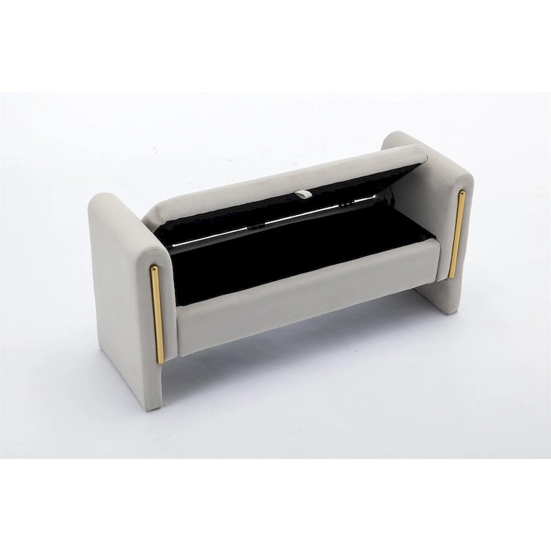 Banc de rangement en velours gris clair/ivoire avec accoudoir, style moderne, une place