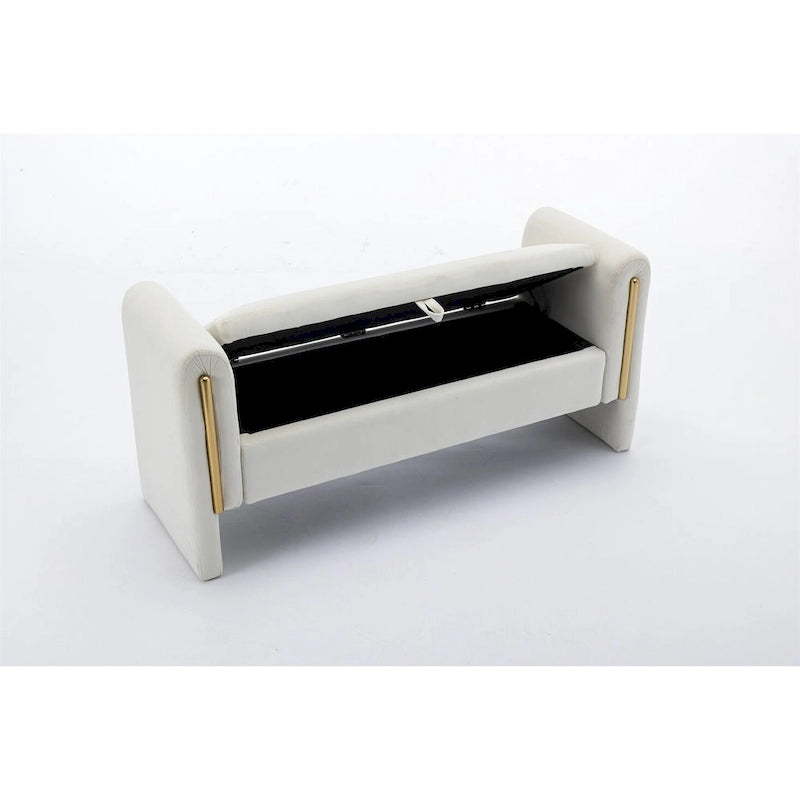 Banc de rangement en velours gris clair/ivoire avec accoudoir, style moderne, une place