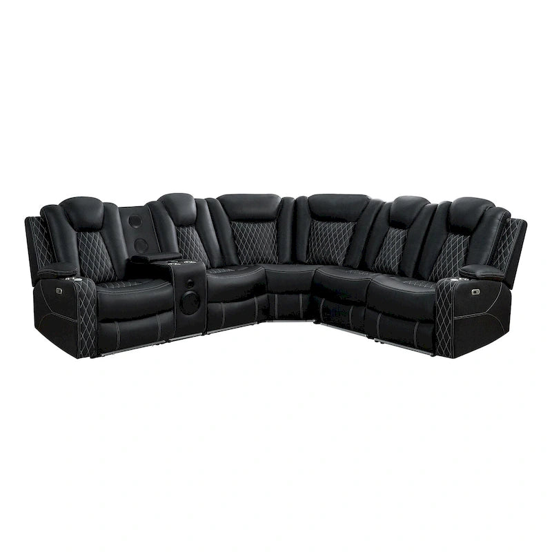 Canapé d'angle inclinable de luxe 5 et 6 places avec LED, USB, chargement sans fil, Bluetooth et rangement
