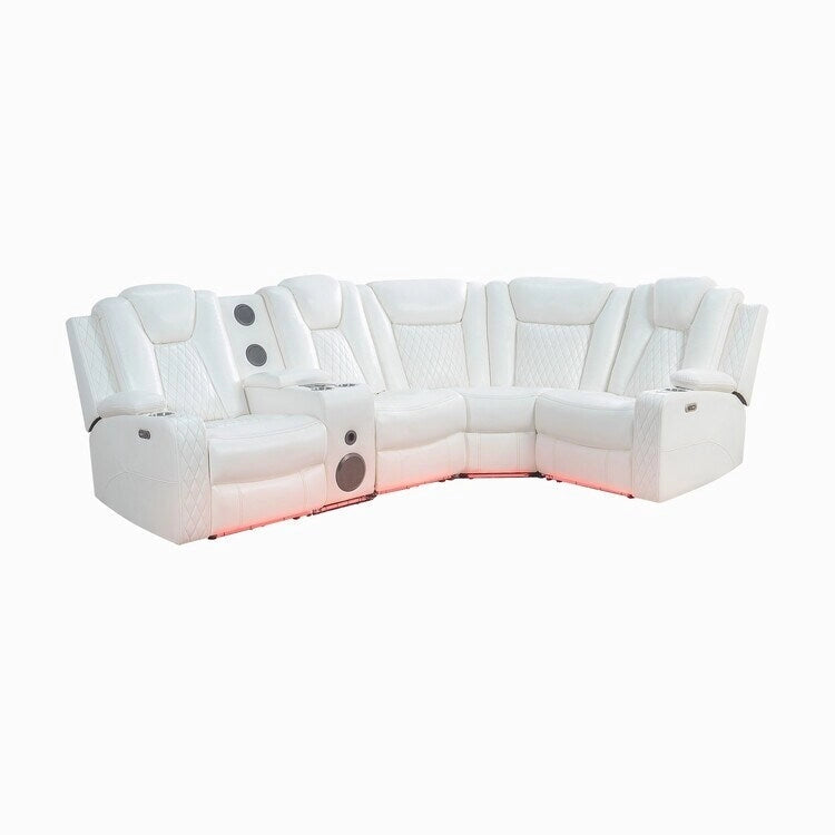Canapé d'angle inclinable de luxe 5 et 6 places avec LED, USB, chargement sans fil, Bluetooth et rangement