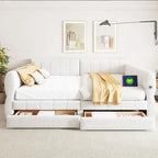 Lit plateforme rembourré Queen Size avec port USB et 2 tiroirs, blanc