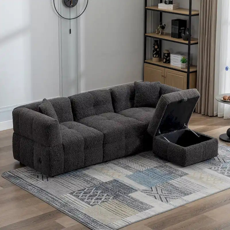 Canapé sectionnel, canapé d'angle avec pouf de rangement mobile, 2 ports USB et 2 oreillers, canapé capitonné et rembourré pour salon
