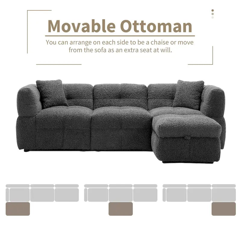 Canapé sectionnel, canapé d'angle avec pouf de rangement mobile, 2 ports USB et 2 oreillers, canapé capitonné et rembourré pour salon