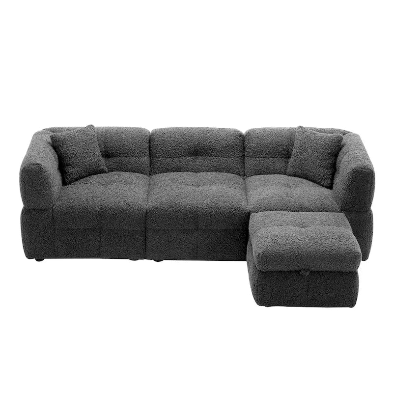 Canapé sectionnel, canapé d'angle avec pouf de rangement mobile, 2 ports USB et 2 oreillers, canapé capitonné et rembourré pour salon