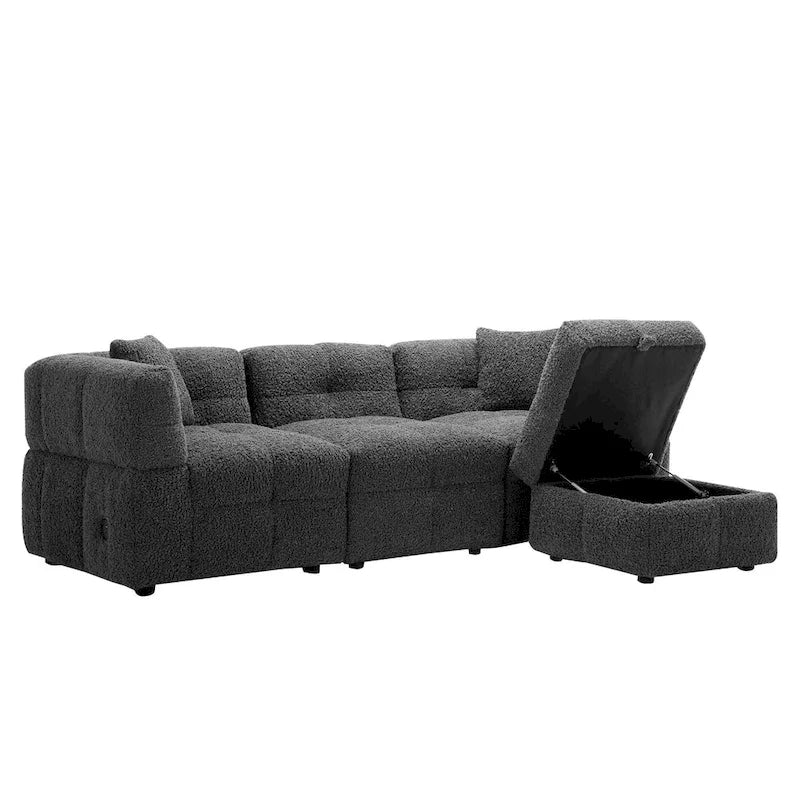 Canapé sectionnel, canapé d'angle avec pouf de rangement mobile, 2 ports USB et 2 oreillers, canapé capitonné et rembourré pour salon