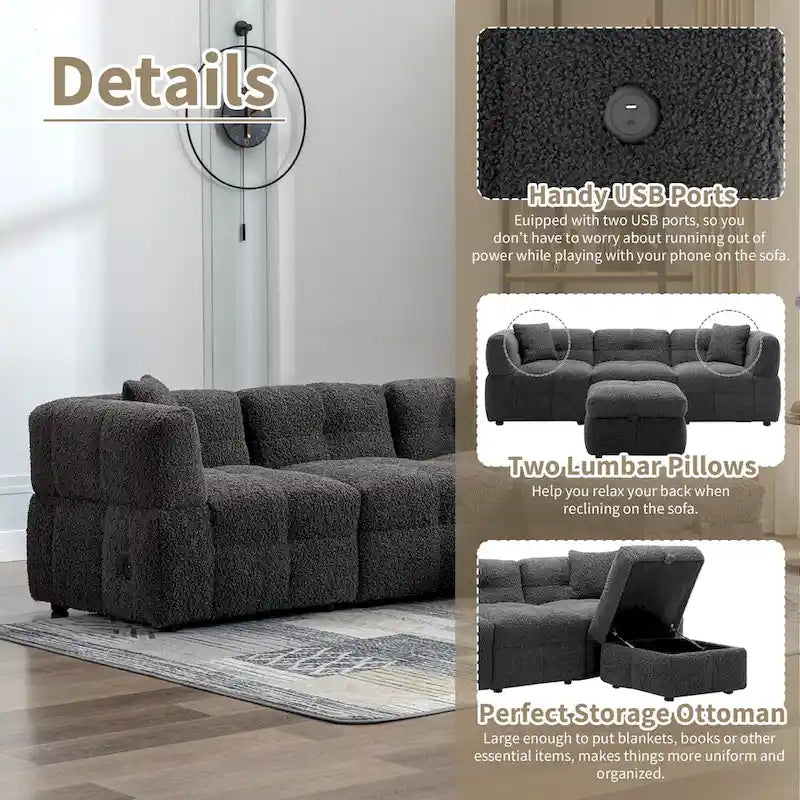 Canapé sectionnel, canapé d'angle avec pouf de rangement mobile, 2 ports USB et 2 oreillers, canapé capitonné et rembourré pour salon