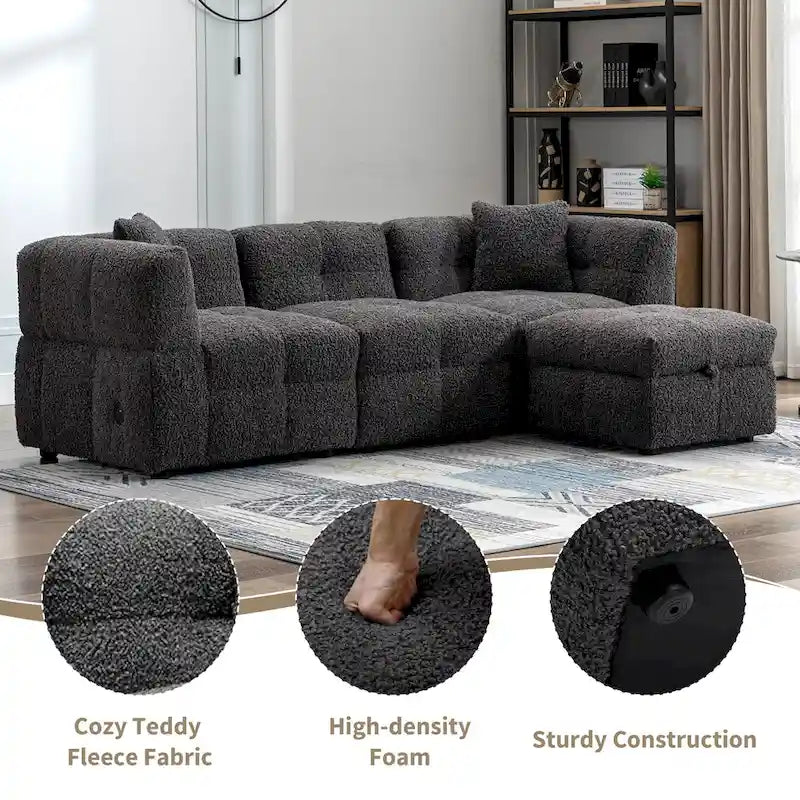 Canapé sectionnel, canapé d'angle avec pouf de rangement mobile, 2 ports USB et 2 oreillers, canapé capitonné et rembourré pour salon
