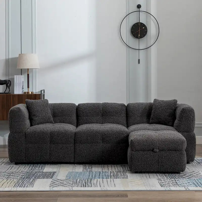 Canapé sectionnel, canapé d'angle avec pouf de rangement mobile, 2 ports USB et 2 oreillers, canapé capitonné et rembourré pour salon