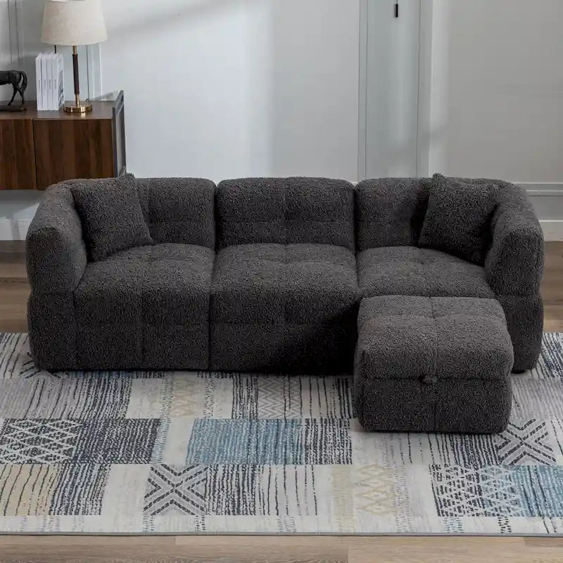 Canapé sectionnel, canapé d'angle avec pouf de rangement mobile, 2 ports USB et 2 oreillers, canapé capitonné et rembourré pour salon