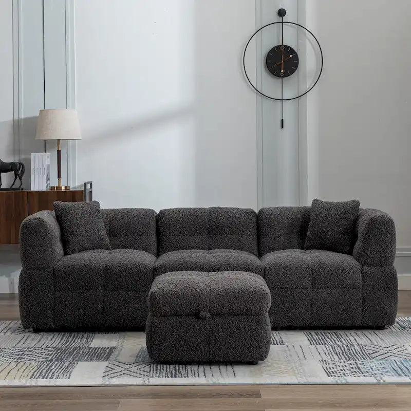 Canapé sectionnel, canapé d'angle avec pouf de rangement mobile, 2 ports USB et 2 oreillers, canapé capitonné et rembourré pour salon
