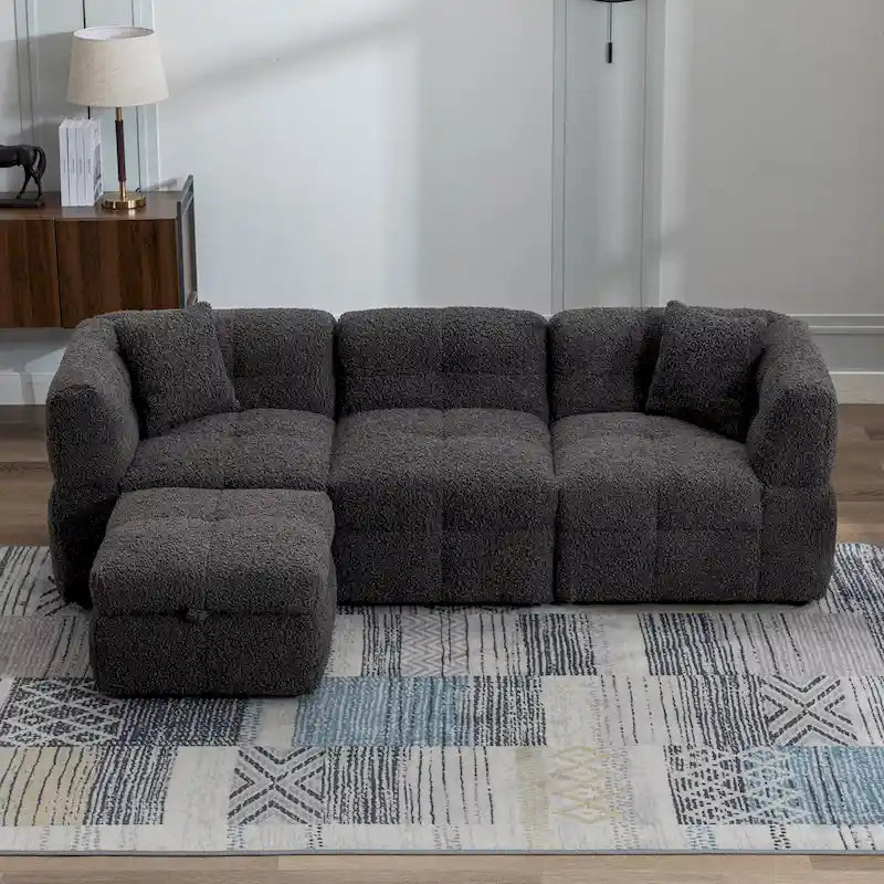 Canapé sectionnel, canapé d'angle avec pouf de rangement mobile, 2 ports USB et 2 oreillers, canapé capitonné et rembourré pour salon