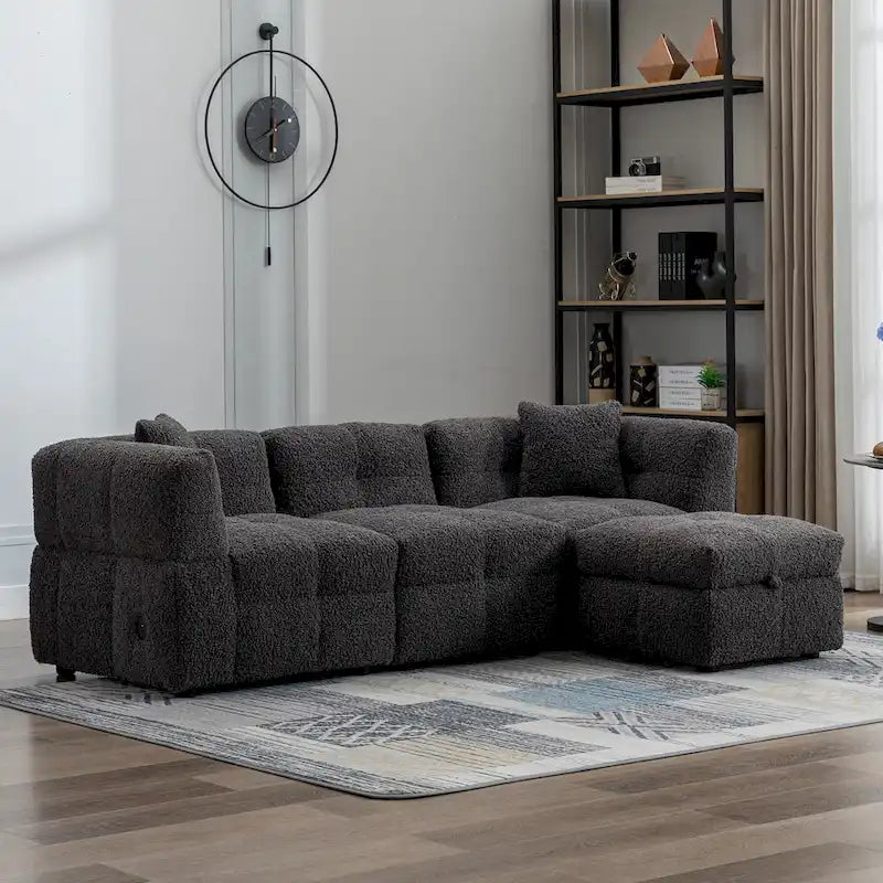 Canapé sectionnel, canapé d'angle avec pouf de rangement mobile, 2 ports USB et 2 oreillers, canapé capitonné et rembourré pour salon