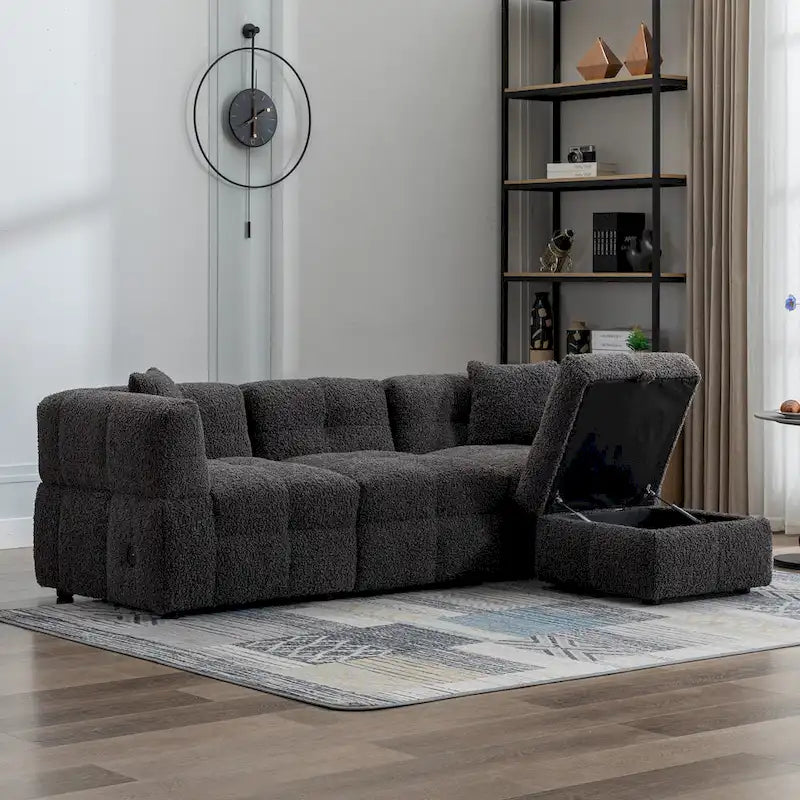 Canapé sectionnel, canapé d'angle avec pouf de rangement mobile, 2 ports USB et 2 oreillers, canapé capitonné et rembourré pour salon