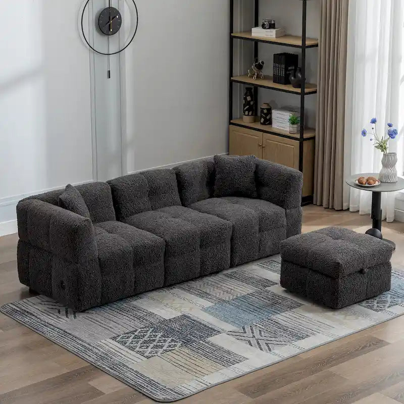 Canapé sectionnel, canapé d'angle avec pouf de rangement mobile, 2 ports USB et 2 oreillers, canapé capitonné et rembourré pour salon