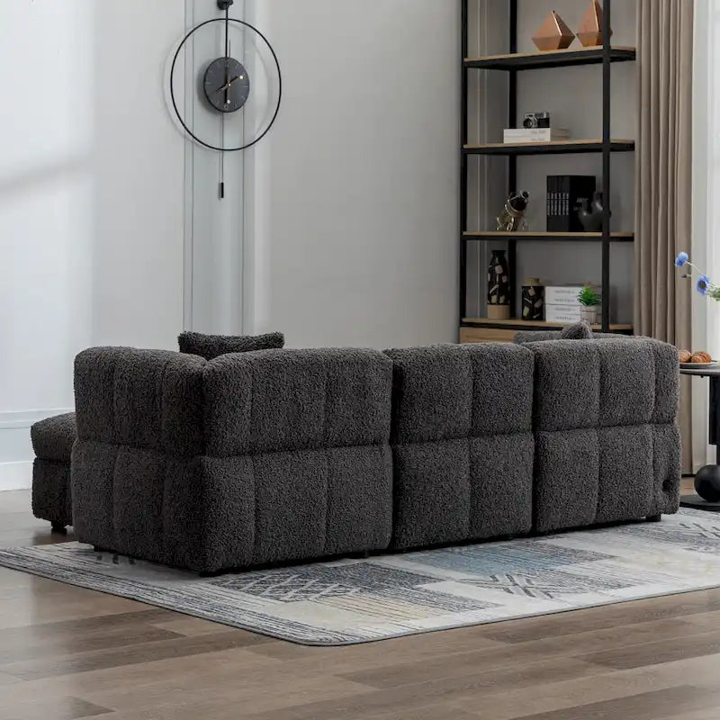 Canapé sectionnel, canapé d'angle avec pouf de rangement mobile, 2 ports USB et 2 oreillers, canapé capitonné et rembourré pour salon